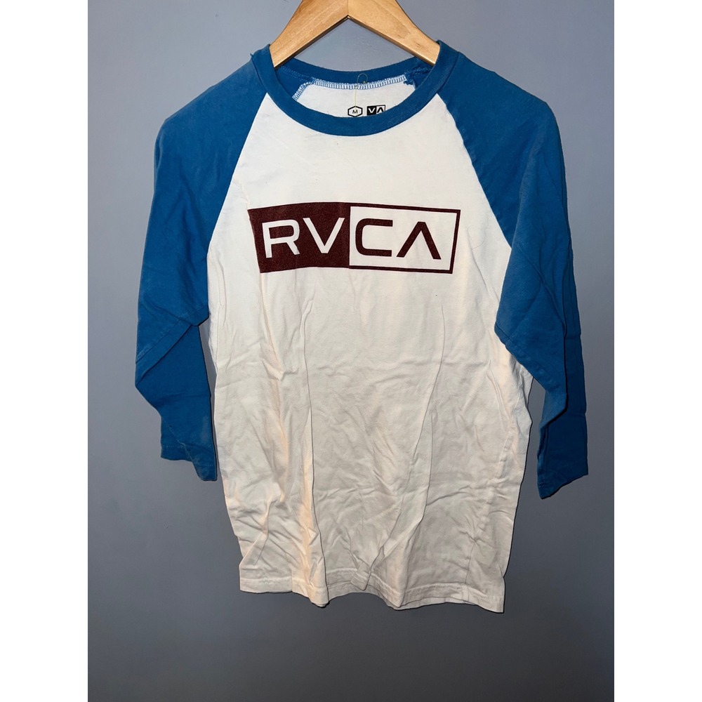 RVCA Mens Raglan Baseball Tee White Blue 3/4 Sleeve Graphic Logo Shirt Size M